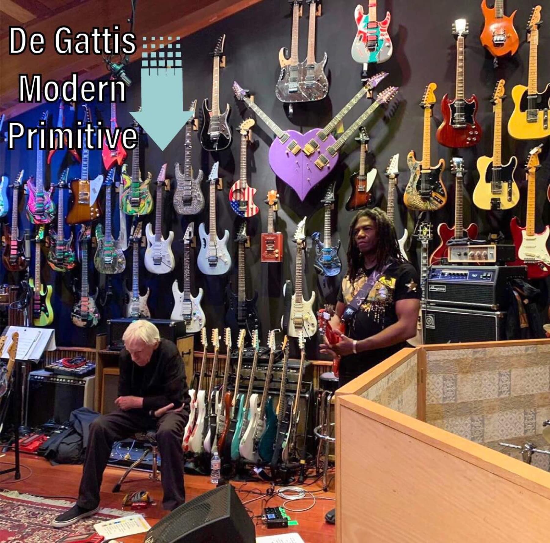 Steve Vai's instrument room, with the Modern Primitive among the guitars