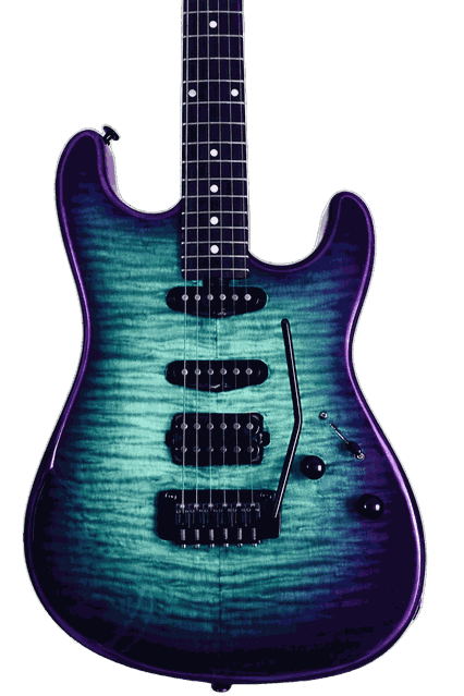 Three De Gattis guitars side by side: a light blue Thinline, a Strato with a purple top fading into turquoise, and a Maranello