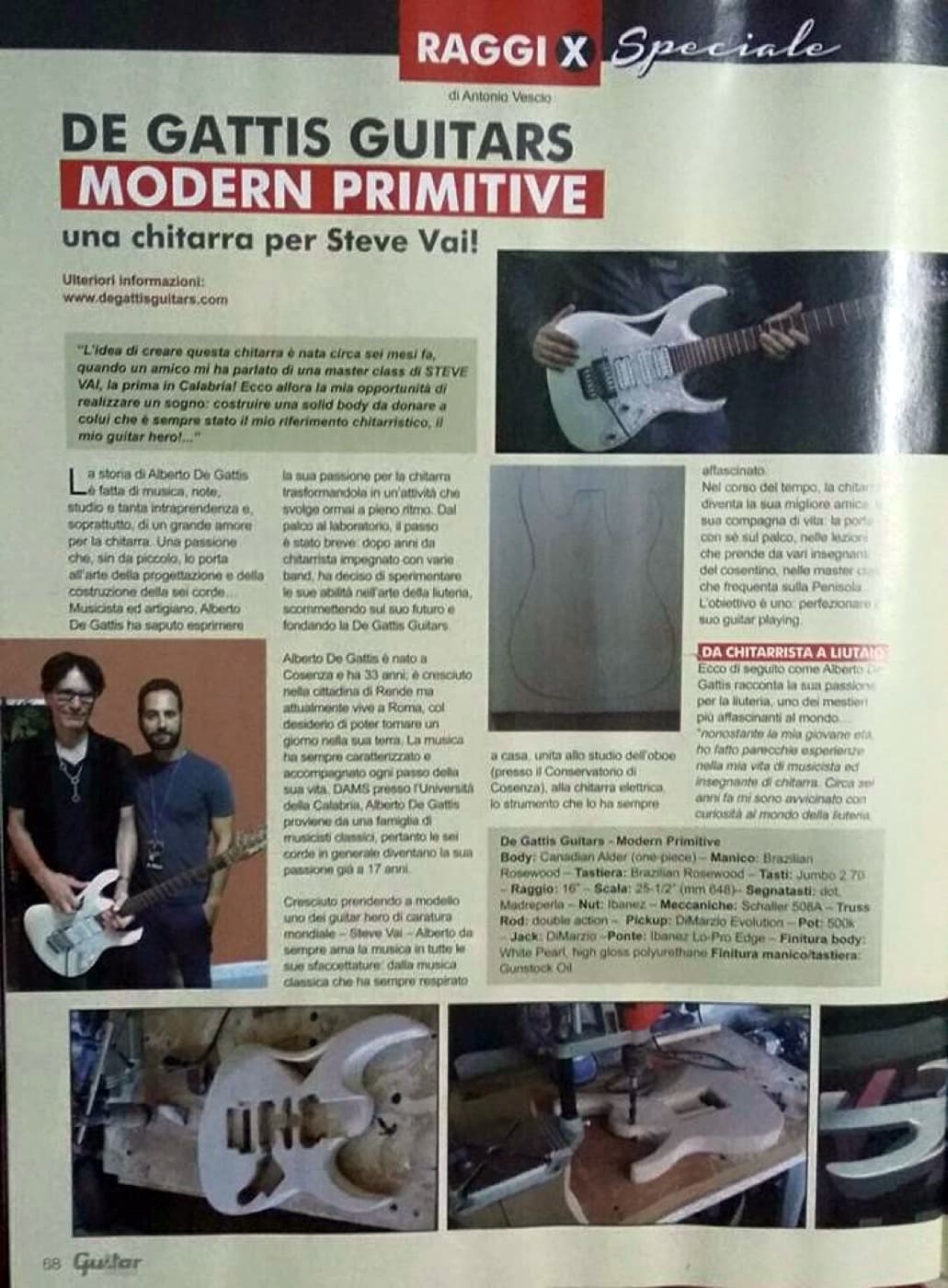 First page of the feature “De Gattis Guitars Modern Primitive, una chitarra per Steve Vai”