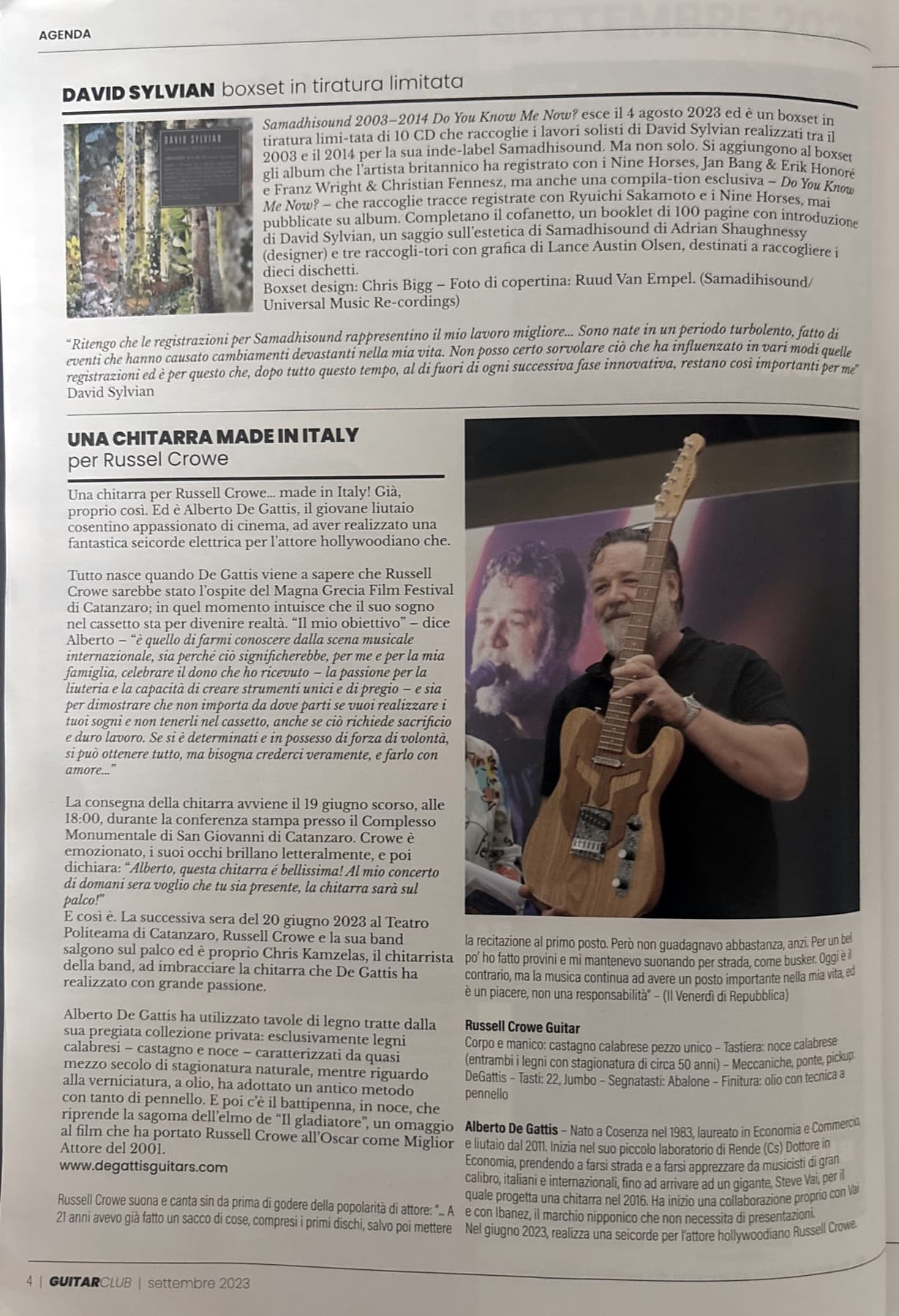 The Guitar Club page carrying the article “Una chitarra made in Italy per Russell Crowe”